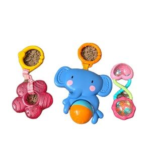 Vintage Bright Starts Vibrant Elephant Rattle Playset Pink Heart Flower Teether